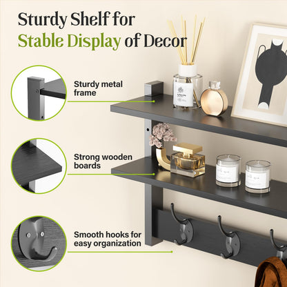 Orapoke Two-Tier Wall Shelf with Hooks, 17" Coat Rack Wall Mount with Shelf, Entryway Key Hooks for Wall with Heavy Duty Double Hooks, Coat Hook Wall Mounted for Bedroom, Living Room, Black