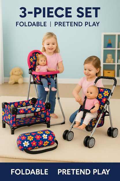 fash n kolor 3 Piece Baby Doll Play Set Flower Design Includes - Foldable Pack N Play, Baby Doll Stroller, Baby Doll High Chair, Fits Up to 18'' Dolls 3 Piece Doll Accessories Set, Best Gift for Girls