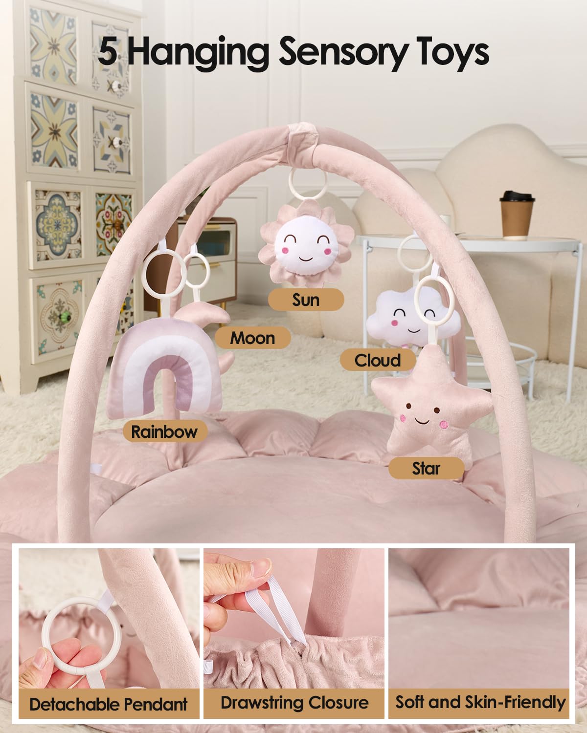 Deekuiwi 5-in-1 Convertible Baby Gym Play Mat with Hanging Toys, Soft Padded Activity Center & Ball Pit, Plush Tummy Time Mat for Newborns to Toddlers, Machine Washable, Pink