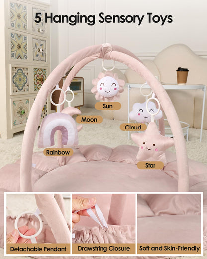 Deekuiwi 5-in-1 Convertible Baby Gym Play Mat with Hanging Toys, Soft Padded Activity Center & Ball Pit, Plush Tummy Time Mat for Newborns to Toddlers, Machine Washable, Pink