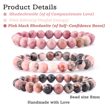 NCB 3-Piece 8mm Natural Crystal Gemstone Stretch Bracelets – ﻿Pink Zebra, Red Jasper, Red Plum Blossom Stone Handmade Reiki Energy Healing Jewelry for Meditation,Yoga, Unisex