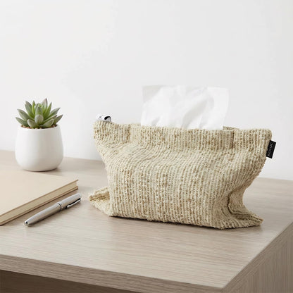 Nordic Forest Style Tissue Holder Bag Soft Khaki Chenille Fabric Pocket Tissue Holder Reusable Decorative Holder Decorations for Home Office Bathroom Car 10.6×7 inches