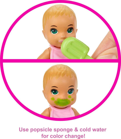 Barbie Skipper Babysitters Inc. Feeding and Bath-Time Playset with Color-Change Baby Doll, Bathtub, Popsicle Sponge and Bath-Time Accessories Including Duck-Shaped Towel