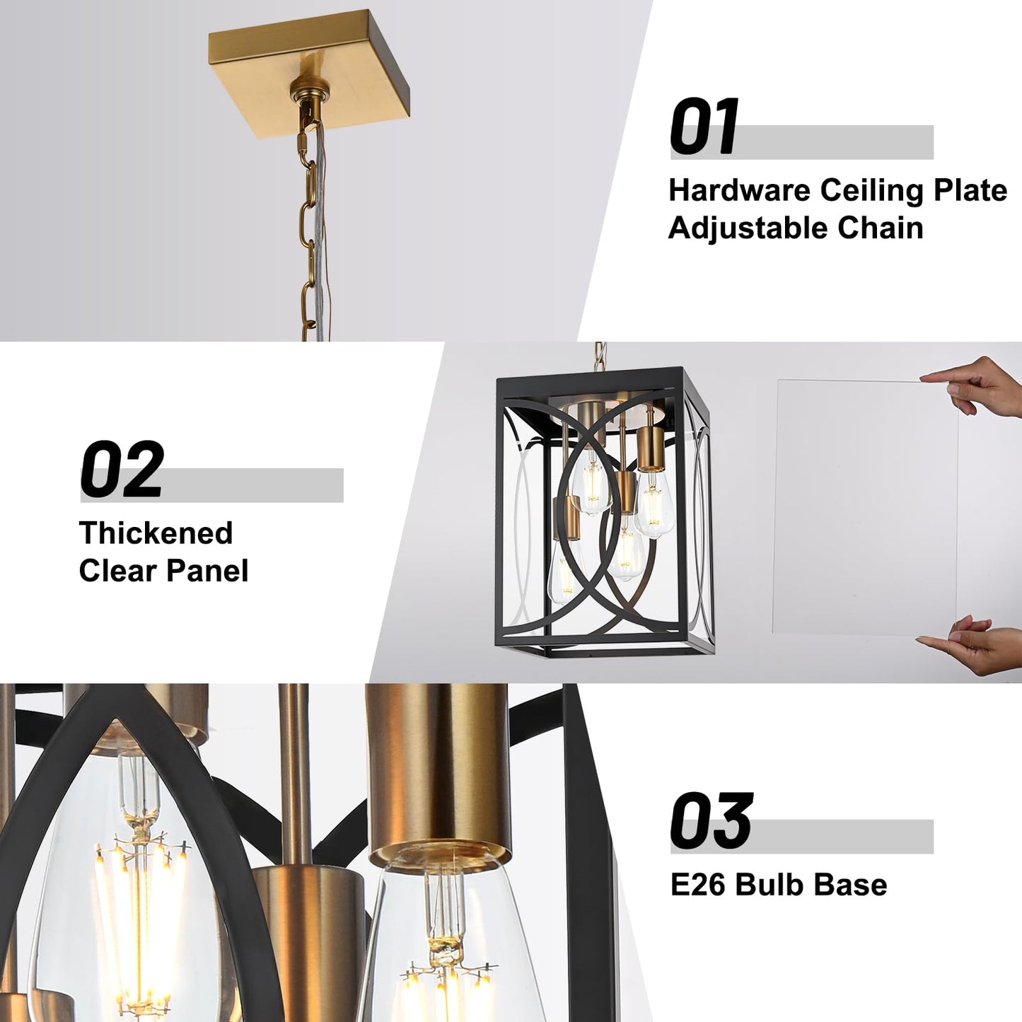 WINSHEN 4-Lights Large Outdoor Pendant Light Fixture, E26 Bulb Base Porch Hanging Lighting in Black & Brushed Brass, Modern Exterior Lantern Chandelier Ceiling Mount for Patio Front Door