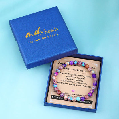 AD Beads 4mm Handmade Purple Sea Sediment Imperial Jasper Elastic Bracelet – Natural Gemstone for Joy & Positivity – Meditation, Yoga, Healing and Energy Gift for Men Women