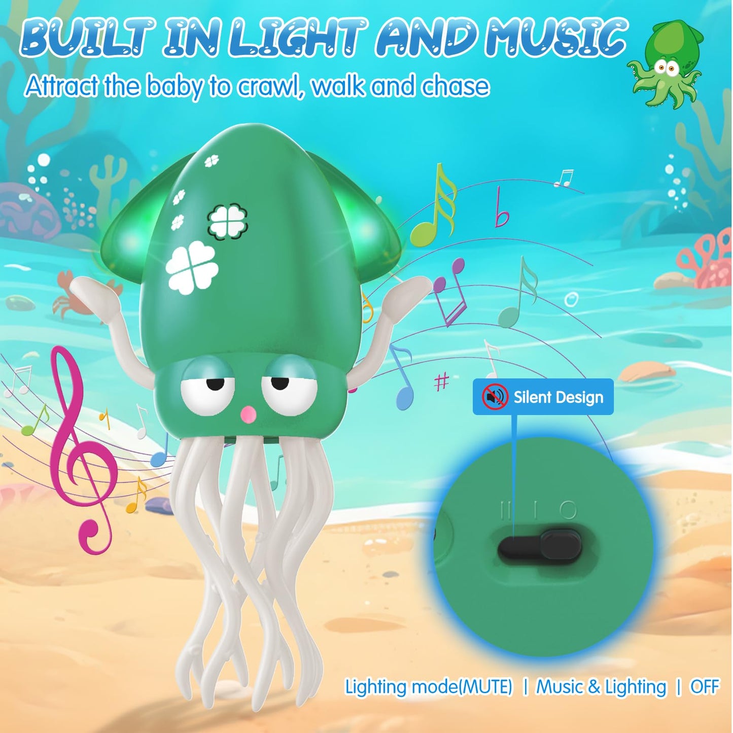 AOTIBO Baby Dancing Octopus Toy for 1 2 3 4 5 Year Old Boy Girl, Baby Tummy Time Electric Crawling Octopus Toys 12-18 Months, Dancing Squid Toy for Walking Toddlers, Kids 1st Birthday Gifts, Green