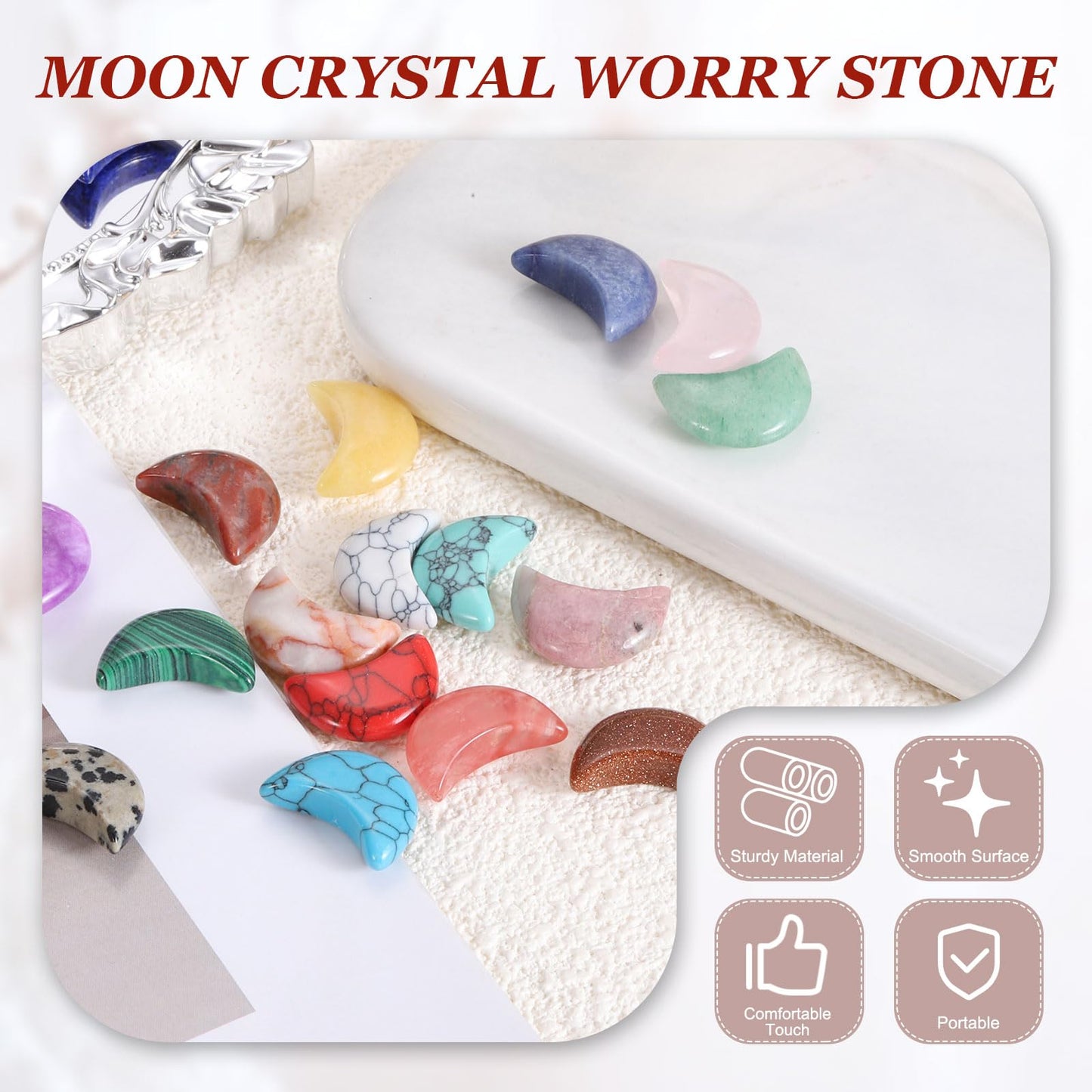 MECCANIXITY 5 Pcs Moon Crystal Worry Stone, 0.5 Inch Length Natural Watermelon Quartz Moon Gemstone Bulk, Carved Pocket Stones for Meditation Balancing Pendant Decor