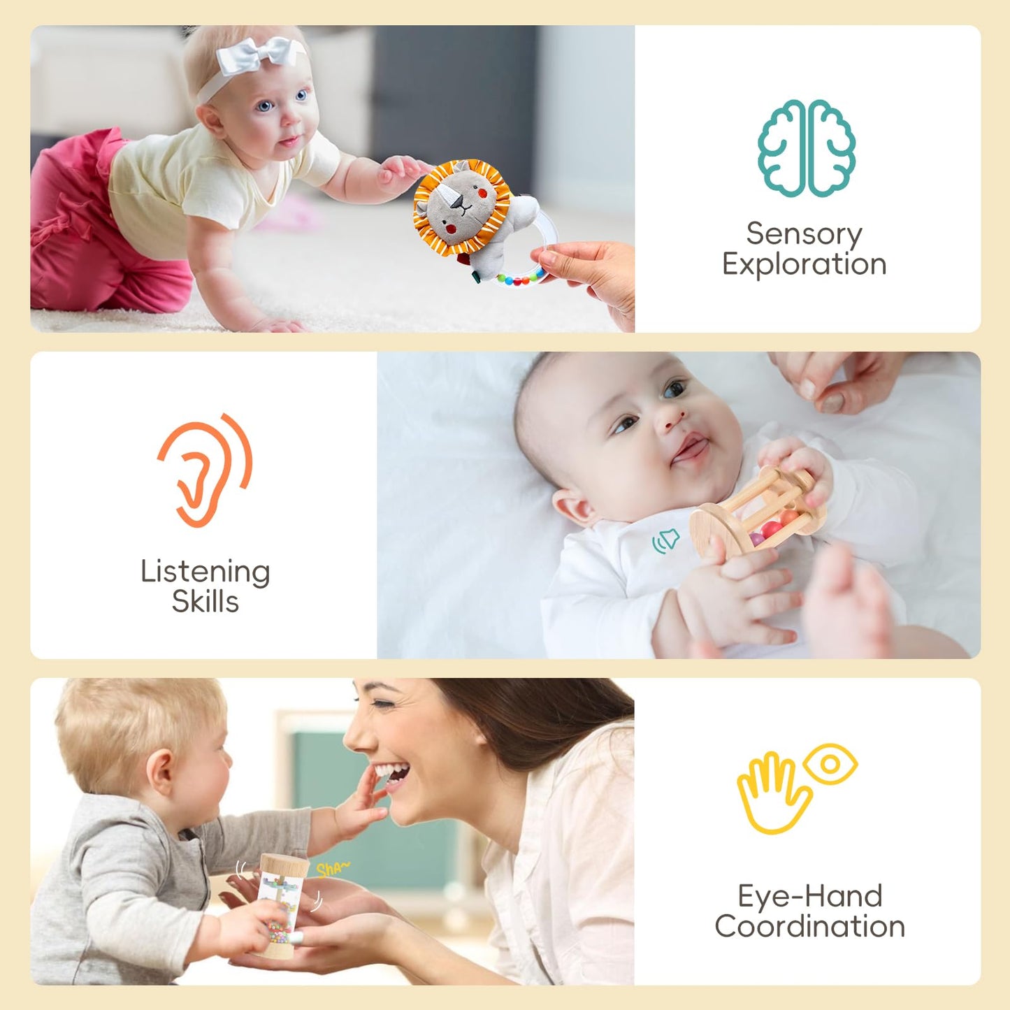 Toyssa Montessori Toys for Babies 0-6 Months, 6 in 1 Wooden Learning Educational Sensory Toys with Spinning Drum & Tummy Time Mirror & Baby Rattle & Flash Card, Birthday Gifts for Babies Boys Girls