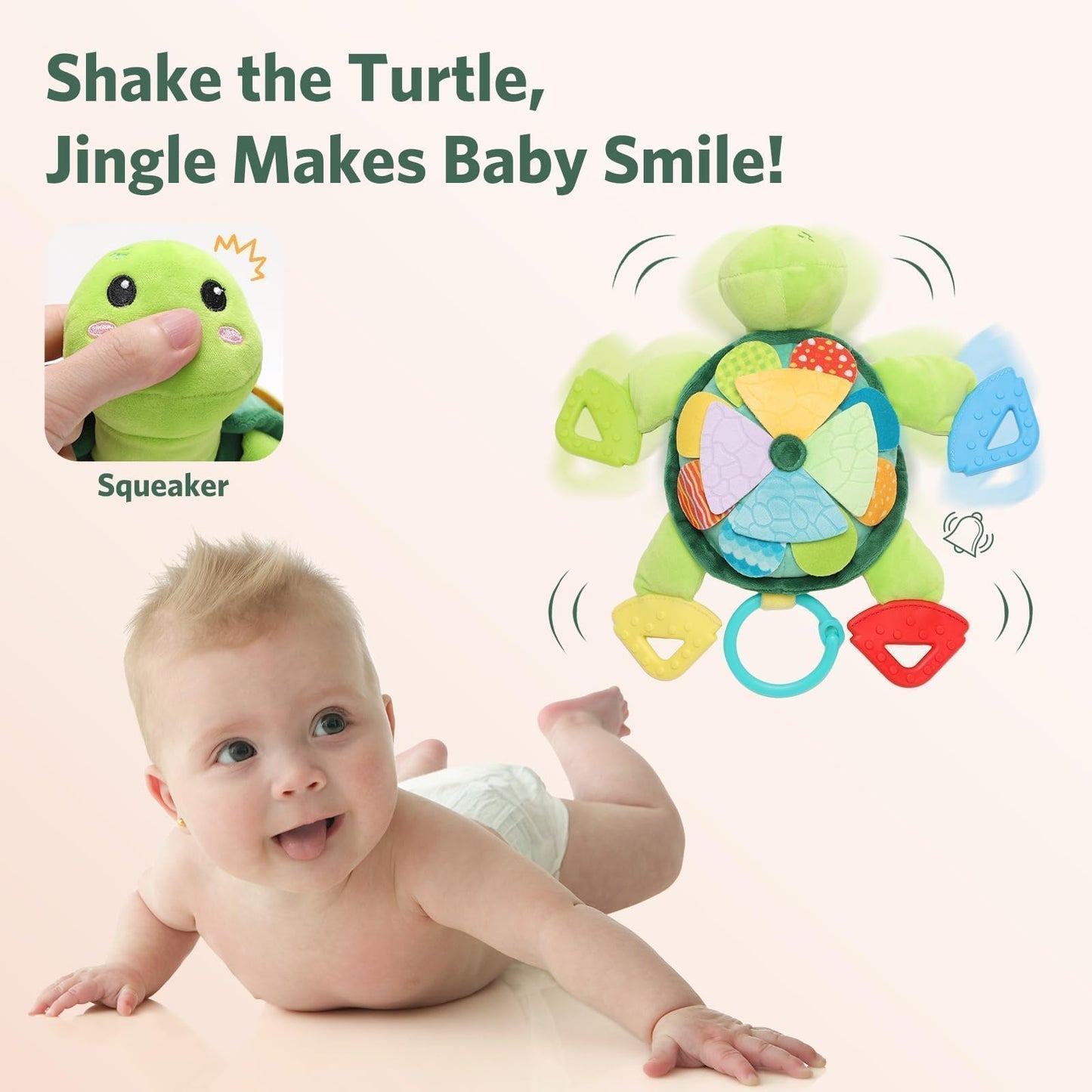Turtle Baby Sensory Toy, 6 in 1 Montessori Tummy Time Texture Toys, Flip Scales & Multi-Textured Belly & Rattle Squeaker Teethers, Early Educational Shower Gifts for Baby Boy Girl Birthday Gifts
