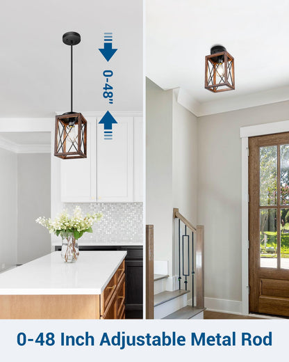 DEWENWILS Farmhouse Pendant Light, Metal Hanging Light Fixture with Wooden Grain Finish, 48 Inch Adjustable Pipes for Flat and Slop Ceiling, Kitchen Island, Bedroom, Dining Hall, E26 Base