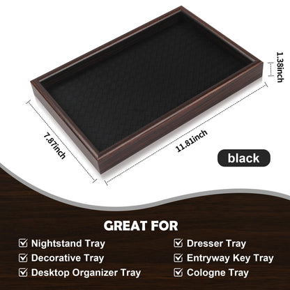 Zosenley Wooden Valet Tray with Leather Base - Nightstand Catchall Organizer for Cologne, Perfume, Keys, Wallet, Phone, Watch, Jewelry & Sunglasses (Black)