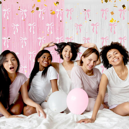 4 Pack Pink Bow Party Backdrop Decoration Pink Bow Foil Fringe Curtains for Girls Bow Birthday Baby Shower Decorations Bridal Shower Bachelorette Party Decor Supplies 3.2ft X 8.2ft