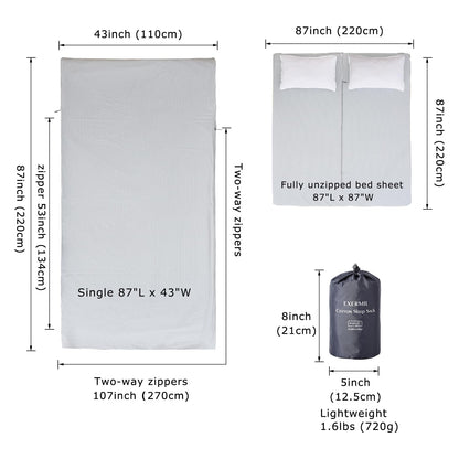 Exermil 100% Cotton Sleeping Bag Liner with Full Length Zipper on 3 Sides; Single/Double Adult Sleep Sack for Travel & Camping, Multifunctional Travel Sheets (Unzipped 87”x87”) for Hotel, Lightweight