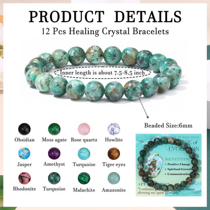 FIRAZIO 12PCS 6mm 8mm Gemstone Beaded Bracelets for Women Semi-Precious Natural Crystal Bracelets Round Beads Gemstones Stretch Bracelet Jewelry Gift