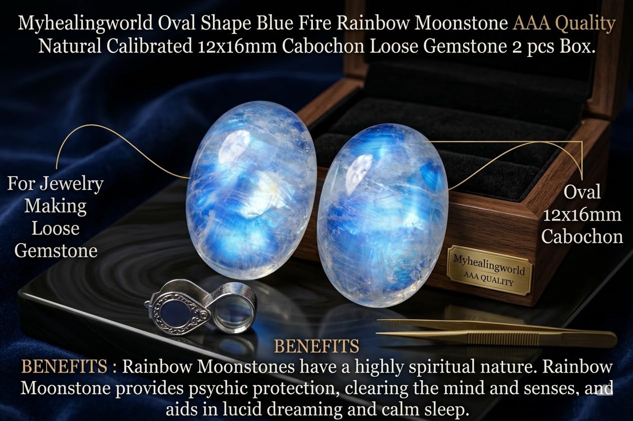 Myhealingworld Oval Shape Blue Fire Rainbow Moonstone AAA Quality Natural Calibrated 12x16mm Cabochon Loose Gemstone 2 pcs box.