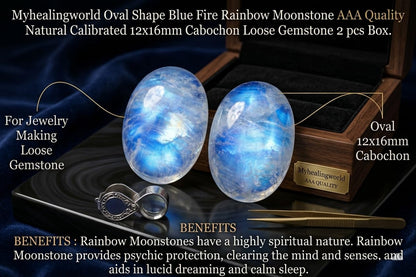 Myhealingworld Oval Shape Blue Fire Rainbow Moonstone AAA Quality Natural Calibrated 12x16mm Cabochon Loose Gemstone 2 pcs box.