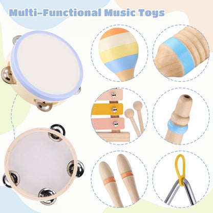 Baby Musical Instruments, Montessori Wooden Musical Toys for Toddlers 1–3, Xylophone Tambourine Triangle Maracas, Wooden Baby Instruments, Kids Preschool Educational Toys, Birthday Gift for Boys Girls