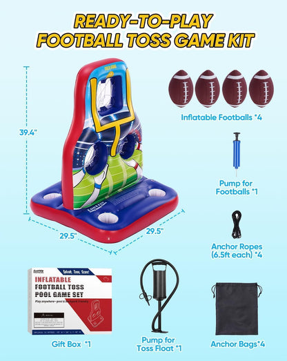 Luottis Inflatable Football Toss Pool Game Set – Floating Pool Games for Kids, Teens & Adults, Family, Includes 4 Footballs + 2 Pumps, Summer Swimming Pool Toys for Party, Beach, Lawn, Indoor/Outdoor
