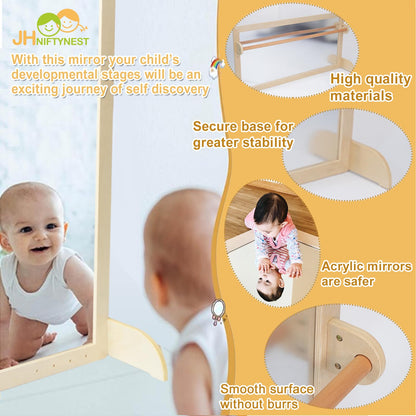 JHNIFTYNEST Infant Coordination Mirror Montessori Safety Pull up Bar Baby MirrorAcrylic Non-Glass Early Learning to Walk Mirror Upgrade Dual-Use with Base for Lengthened Version Hanging Toys 59.05”