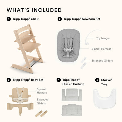 Stokke Tripp Trapp High Chair 2 (White) + Newborn Set + Cushion 2 (Nordic Grey) + Stokke Tray (White) - Includes Chair & Baby Set with Removable Harness for Children 6-36 Months