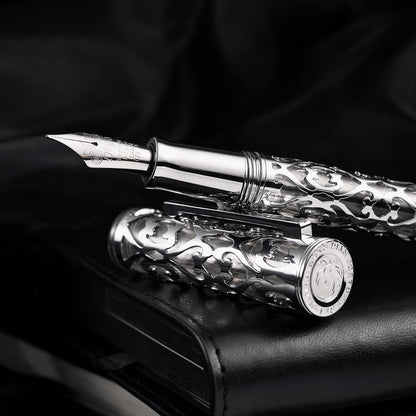 HONG DIAN D1 Piston Fountain Pen Fine Nib, Hollow Skeleton & Resin with Metal Case Set (Silver)