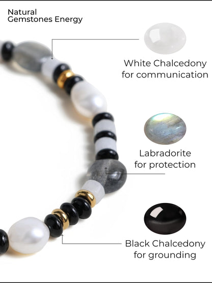 Natural Gemstone & Freshwater Pearl Bracelet for Women, 18K Gold PVD-Coated, Labradorite, Black & White Chalcedony(Large)