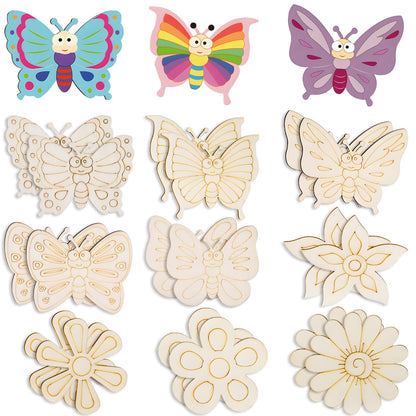 26PCS Wooden Butterflies & Flowers Ornaments to Paint, Various Sizes and Shapes Butterflies and Flowers DIY Blank Unfinished Wood Cutouts Ornament for Home Crafts Hanging Decorations