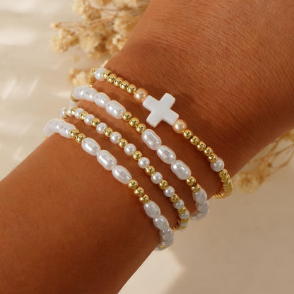 Bohxantium Pearl Gold Beaded Bracelets Set for Women White Cross Bracelet Stack Stretch 14K Gold Plated Beads Ball Stackable Non Tarnish Trendy Dainty Jewelry Friendship Christian Gifts for Women