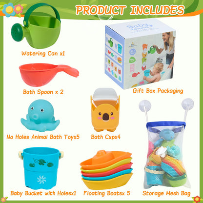 Mold Free Bath Toys, 17PCS | Easy Clean Easy-Grip Baby Bath Toys for Kids Ages 1-3 | Bath Boats Cups Watering Can Tub Toy for Toddlers Age 2-4 | Bathtub Pool Water Toys for 1+ Year Old Boys Girl Gifts