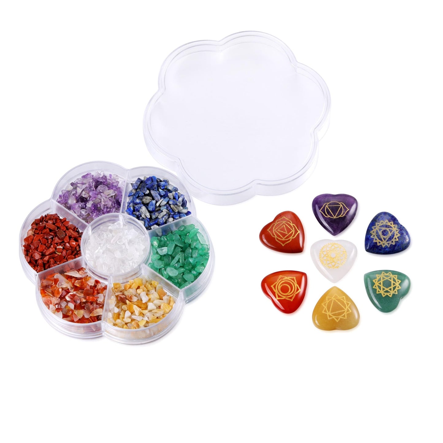 MANIFO 7 Chakra Crystal Stones Set Healing Crystals Gemstones with Heart Shape Engraved Chakra Symbol Polished Chakra Stone for Meditation Balancing Gift for Christmas
