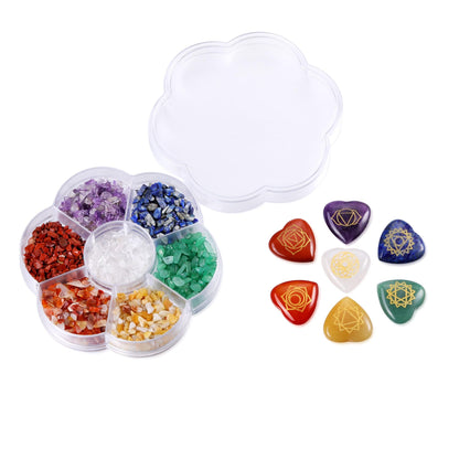 MANIFO 7 Chakra Crystal Stones Set Healing Crystals Gemstones with Heart Shape Engraved Chakra Symbol Polished Chakra Stone for Meditation Balancing Gift for Christmas