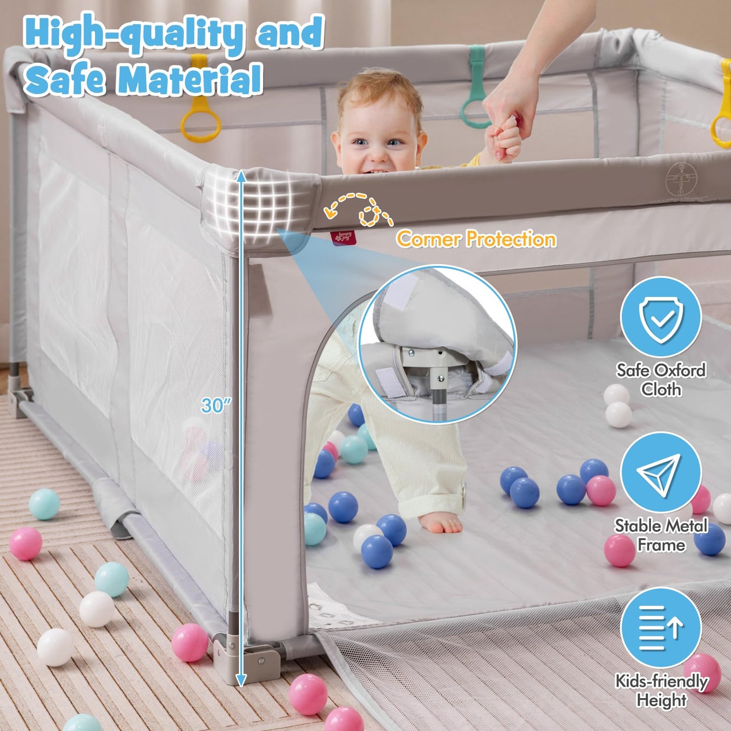 Costzon Foldable Playpen for Babies, 59''x59'' Portable Baby Play Pen with 50 PCS Ocean Balls, 4 Handles, Carry Bag, Visible Mesh, Kids Activity Center with Gates, Indoor & Outdoor Baby Gate Play Pen