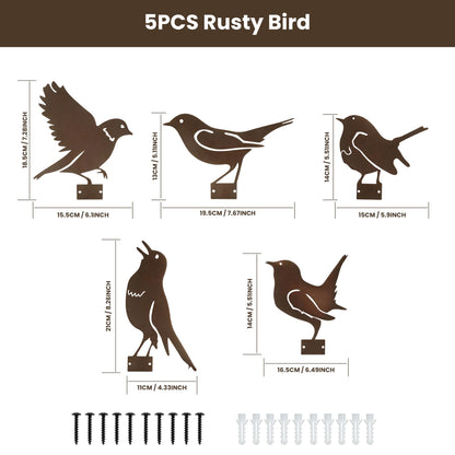 MIRATE 5PCS Rusty Metal Birds Decoration,Outdoor Fence Yard Decor,Metal Birds Craft Statue Ornaments for Yard Art,Garden Decor