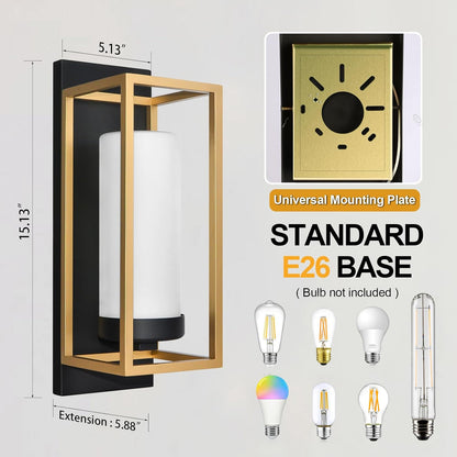 ALVIME Modern Outdoor Wall Lights 2 Pack, Brushed Gold & Matte Black Exterior Sconce, Waterproof Porch Light for House Garage Front Door Living Room Bathroom, E26 Base Etched Opal Glass