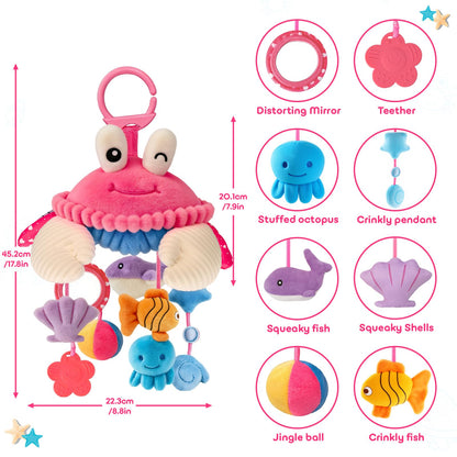 Car Seat Toys for Babies 0-6 Months, Hanging Sensory Crab Plush Toy for Stroller, Crib & Play Gym, Montessori Infant Activity Toy with Mirror, Rattle & Teether, Newborn Baby Gifts 0-12 Months (Pink)