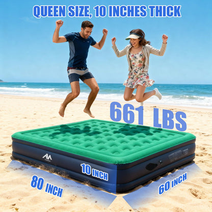 AYAMAYA Queen Camping Air Mattress with Built-in Rechargeable & Detachable Pump, 10" Height Inflatable Blow Up Airbed, Portable Self Inflating Sleeping Pad for Tents, Outdoor, Travel, Home, Guests