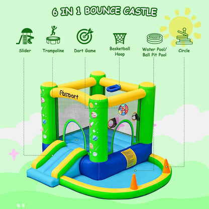 FBSPORT Inflatable Bounce House, Kids Bounce Castle Slide for Indoor Outdoor,Toddler Baby Jumper Bouncer, Kids Jumping Bouncy House with Blower, Ball Pit Pool, Basketball Hoop, Dart Game, Green