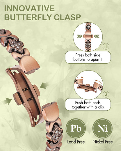 Feraco Pure Copper Bracelets for Women, 5X Ultra Strength Magnetic Bracelet with 5000 Gauss Neodymium Magnets & Upgraded Butterfly Clasp, Adjustable Jewelry Gift (Copper Clover)