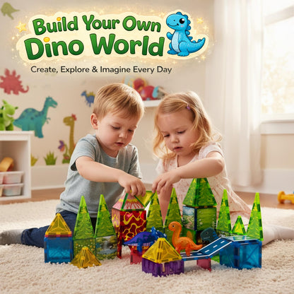 LATI Magnetic Tiles Dinosaur Building Set, Dino World Magnet Blocks with Double-Sided Egg Hatch Story, STEM Construction Toy for Kids Ages 3+, Educational Gift for Boys & Girls