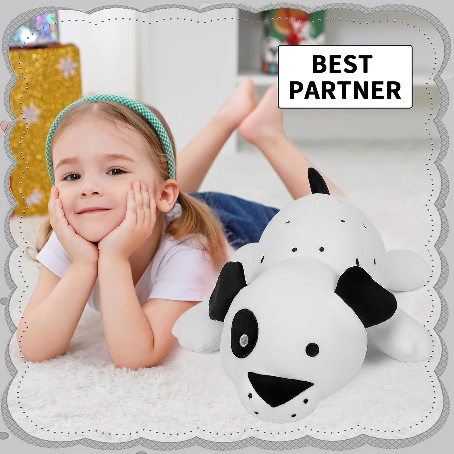 FLORVIV Weighted Dog Stuffed Animals Weighted Puppy Plush Toy 24" 4.2lb Cute Dalmatians Hugging Dolls Plushies Pillows for Boys and Girls (White & Black)