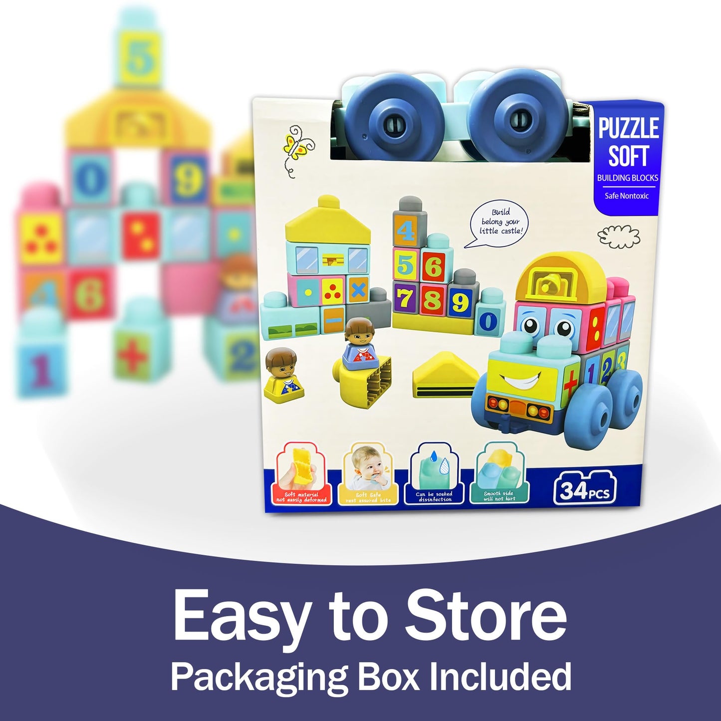 ROHSCE Baby Blocks 6-12 Months & Sensory Balls Bundle, 34 PCS Soft Stacking Blocks and 7 PCS Textured Rattle Teething Toys, Kids Building Toys for Toddlers 1-3, Montessori Gift for Boys & Girls