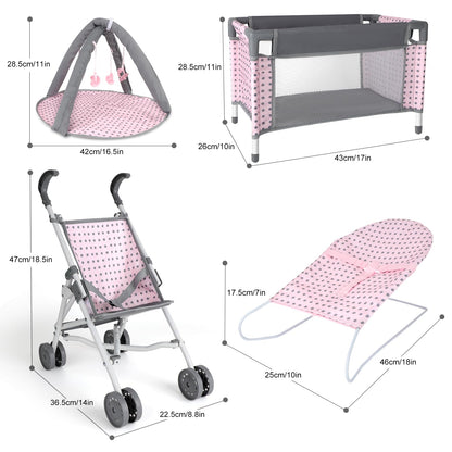 deAO Baby Doll Stroller Crib Bed Nursery Role Play Set Baby Doll with Accessories and Play Mat,Travel Cot,Bouncer,Foldable Stroller and Travel Bag Gifts for Toddlers Girls Boys