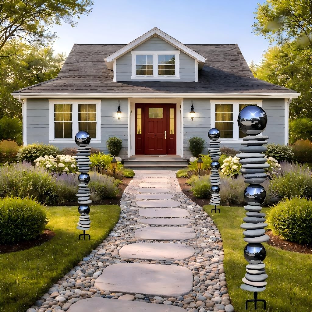 Wensign Zen Garden Ourdoor Decor - 32" Rock & Stainless Steel Sphere Sculpture Stake, Modern Yard Art for Landscape, Patio, or Pathway