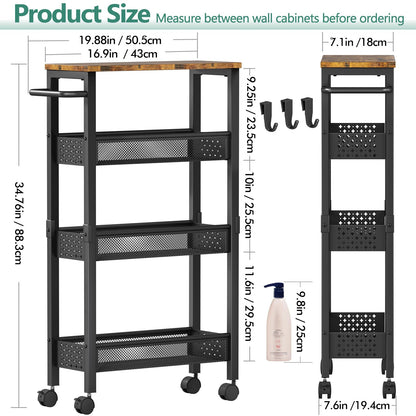 Vivihomety Utility Slim Storage Cart with Wheels, 4 Tier Small Rolling Cart with Wood Top, Metal Kitchen Bathroom Laundry Room Organization Trolley with Handle for Narrow Space – Black