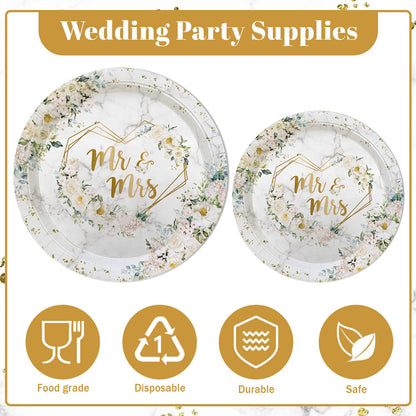 MEHOFOND 193 pcs White Wedding Party Decorations, Mr and Mrs Paper Plates Cup and Nakpins Set, Floral Wedding Disposable Dinnerware with Tablecloth, Bridal Shower Disposable Party Supplies, 24 Guests