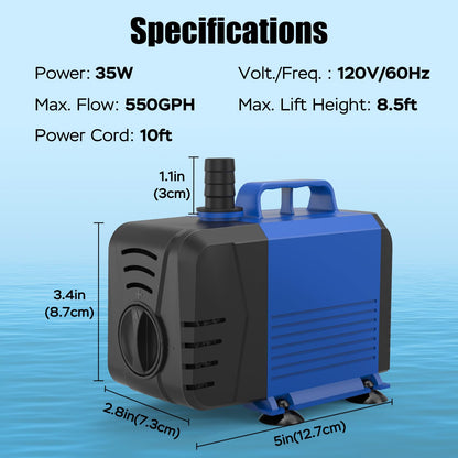 Devopet 800GPH Submersible Pump(3000L/H, 55W), Water Fountain Pump with Over Heating Protection, Ultra Quiet Water Pump for Aquariums, Ponds, Hydroponics, Fountains