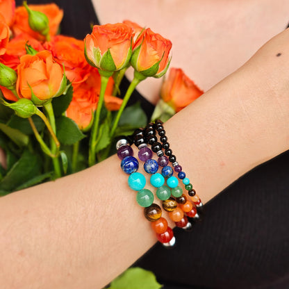 Handmade Natural Gemstone Elastic Bracelet - Healing Crystal Beads Jewelry, Unisex (Seven Chakra Stones, 8mm)