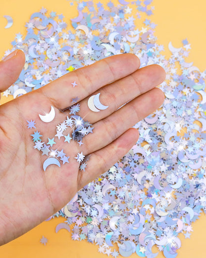4000 Pcs Star Confetti, Glitter Confetti, Holographic Metallic Star Glitter, Holographic Moon for Party Decorations, Wedding, Birthday, Festival, DIY, Unicorn Theme, Silver, 10mm
