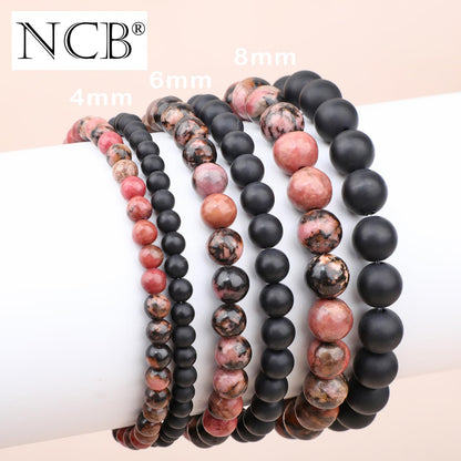 NCB 2-Piece 6mm Natural Crystal Gemstone Stretch Bracelets – ﻿Pink Black Rhodonite, Matte Black Agate Handmade Reiki Energy Healing Jewelry for Meditation,Yoga, Unisex