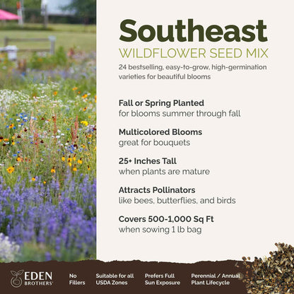 Eden Brothers Southeast Wildflower Mixed Seeds for Planting, 1 lb, 480,000+ Seeds with Cornflower, Blanket Flower | Attracts Pollinators, Plant in Spring or Fall, Zones 3, 4, 5, 6, 7, 8, 9, 10